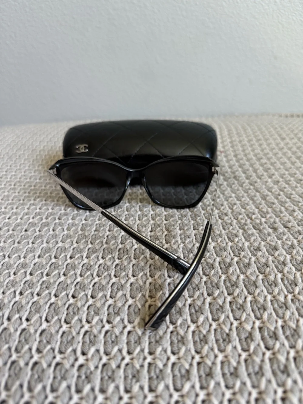 CHANEL Black Cat-Eye Sunglasses with Quilted Logo Case